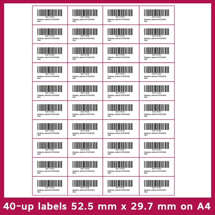 Pack of 100 A4 FBA label sheets showing multiple grid layout options for barcode printing.