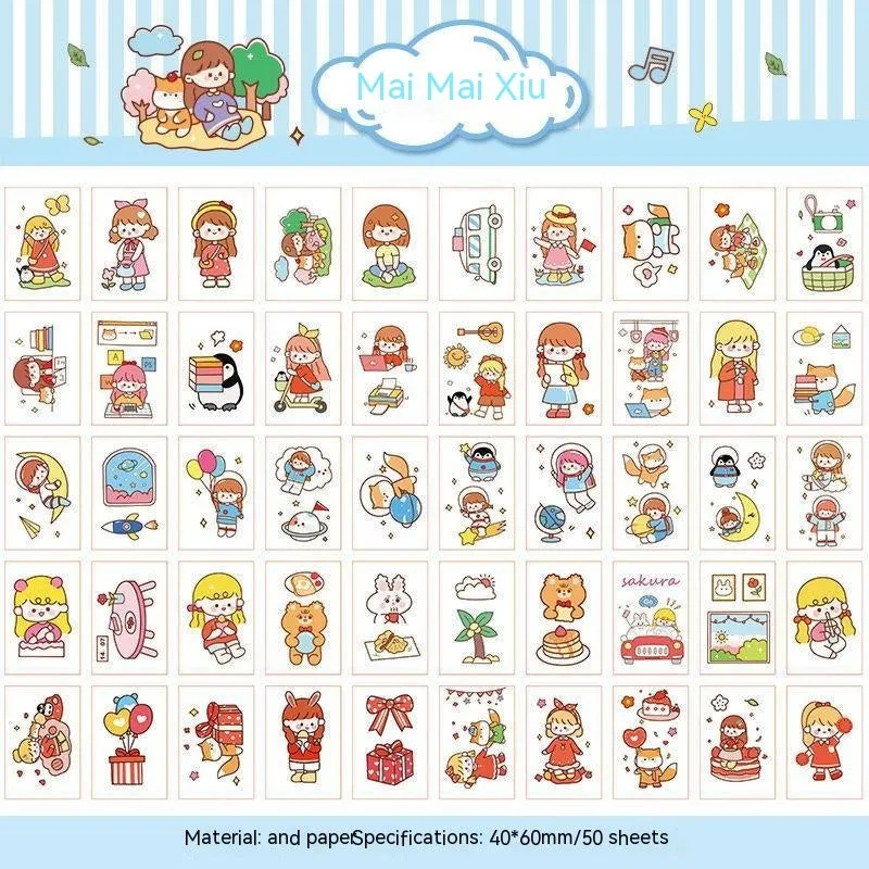 Hand-drawn heart stickers with cartoon characters for notebooks and screen protectors