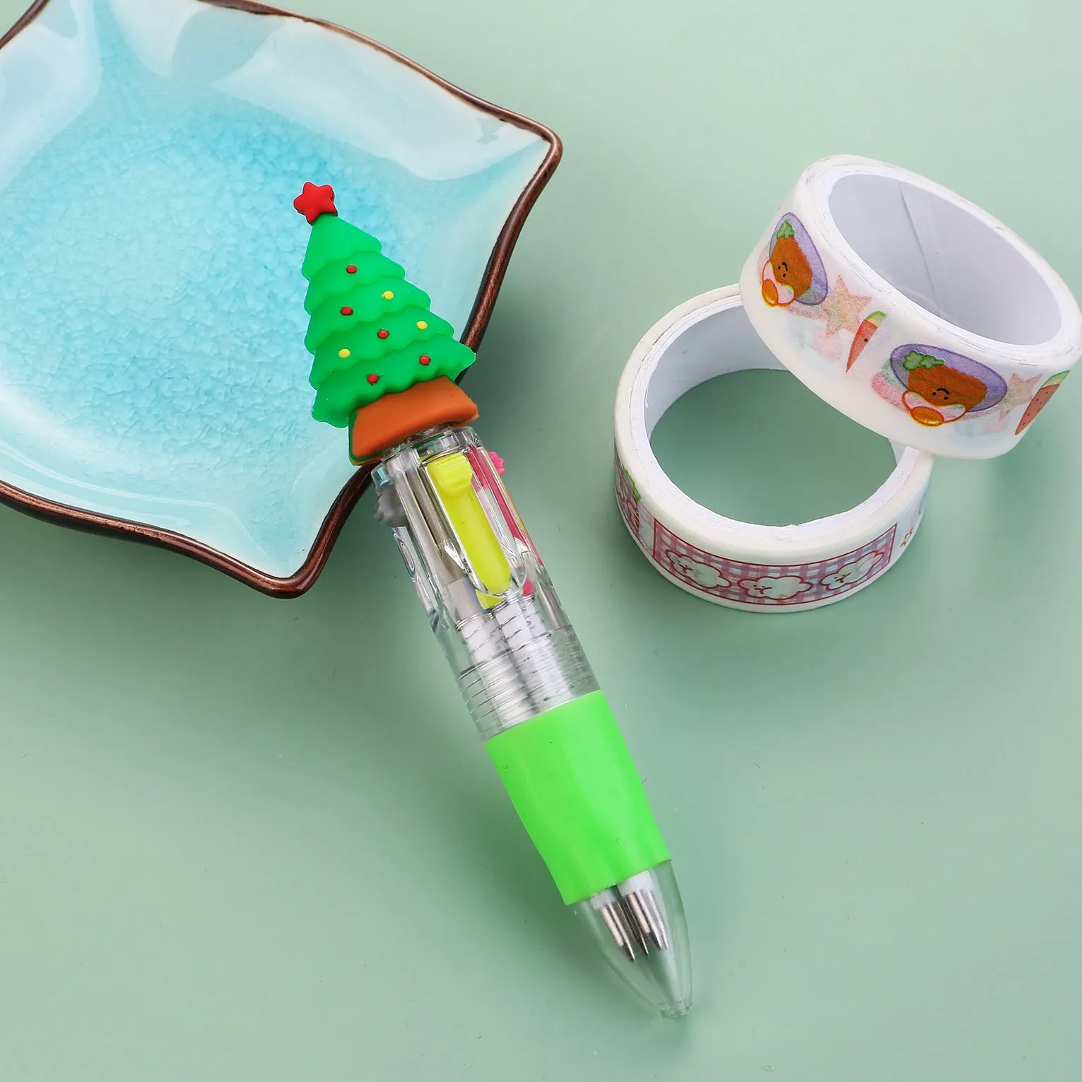 Christmas four-colour press ballpoint pen with festive designs, 11cm compact size