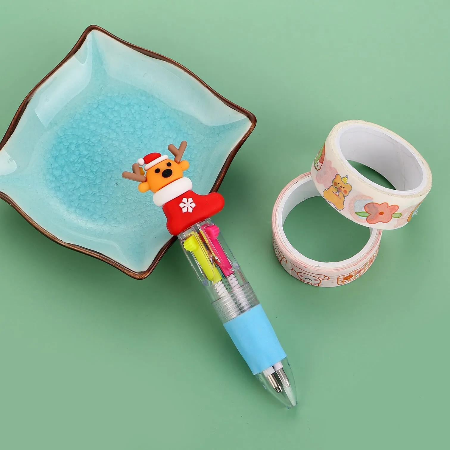 Christmas four-colour press ballpoint pen with festive designs, 11cm compact size