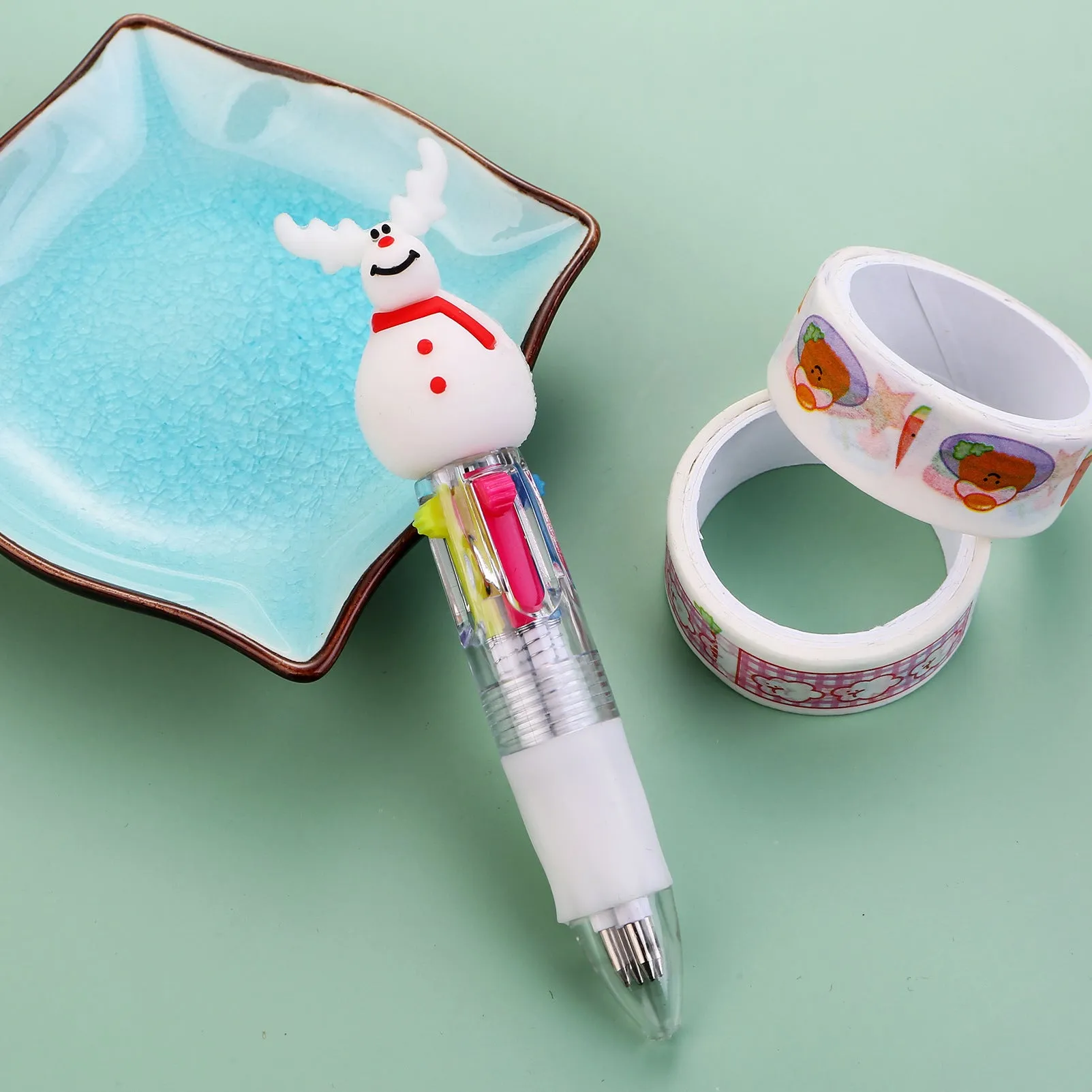 Christmas four-colour press ballpoint pen with festive designs, 11cm compact size