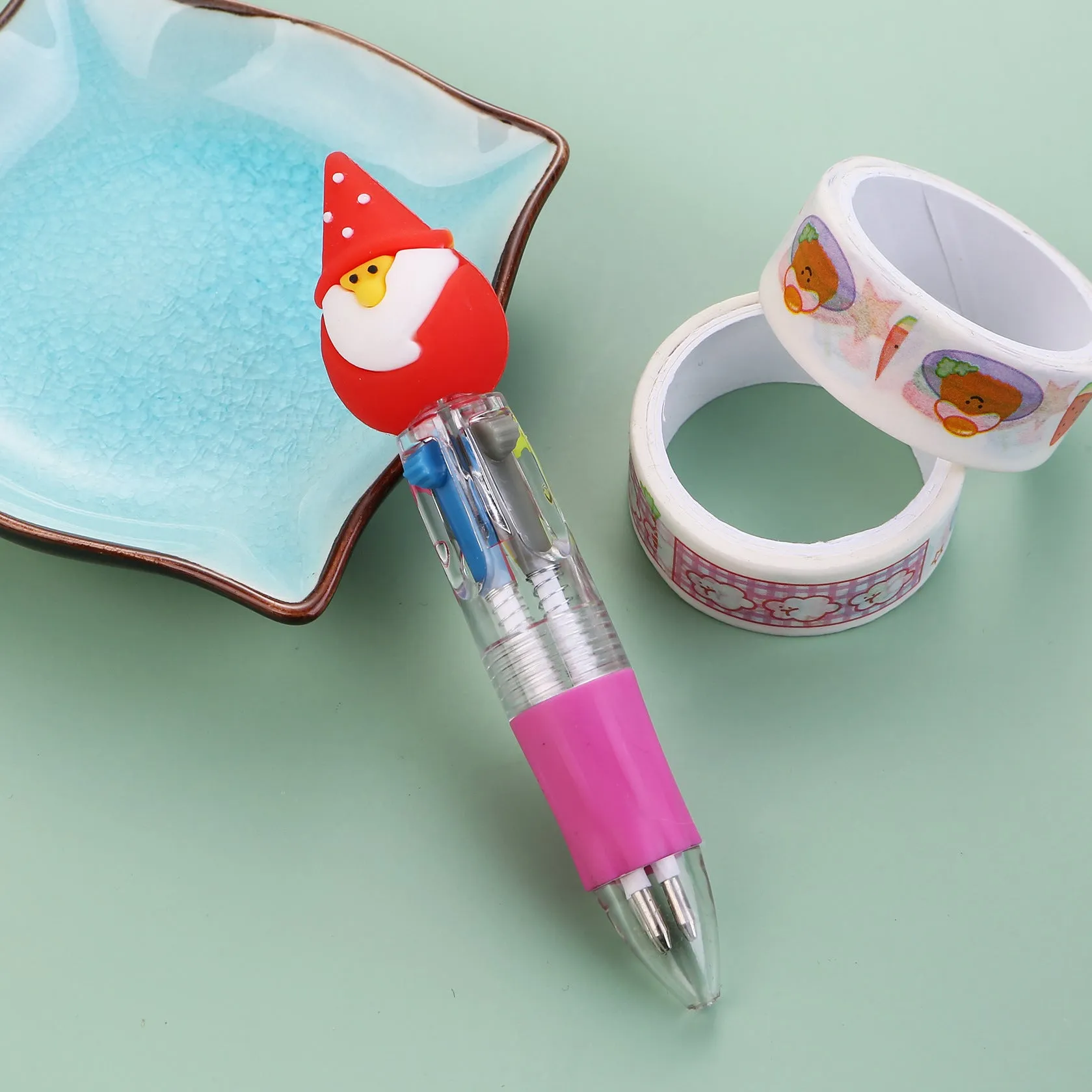 Christmas four-colour press ballpoint pen with festive designs, 11cm compact size