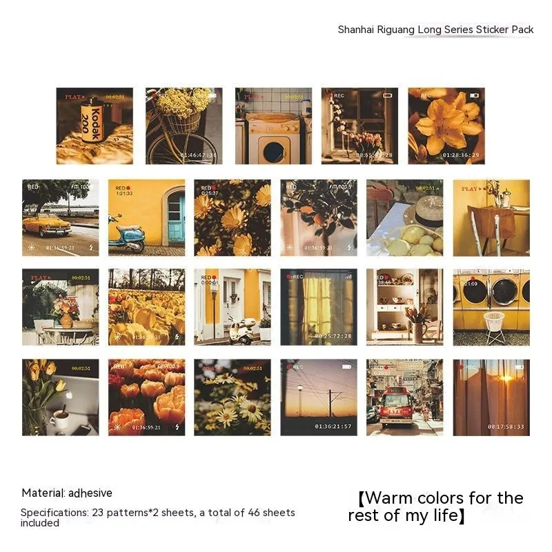 Mountain and Sea Sunshine decorative sticker collection showing six colour variations in 44mm square format