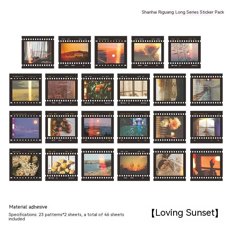 Mountain and Sea Sunshine decorative sticker collection showing six colour variations in 44mm square format