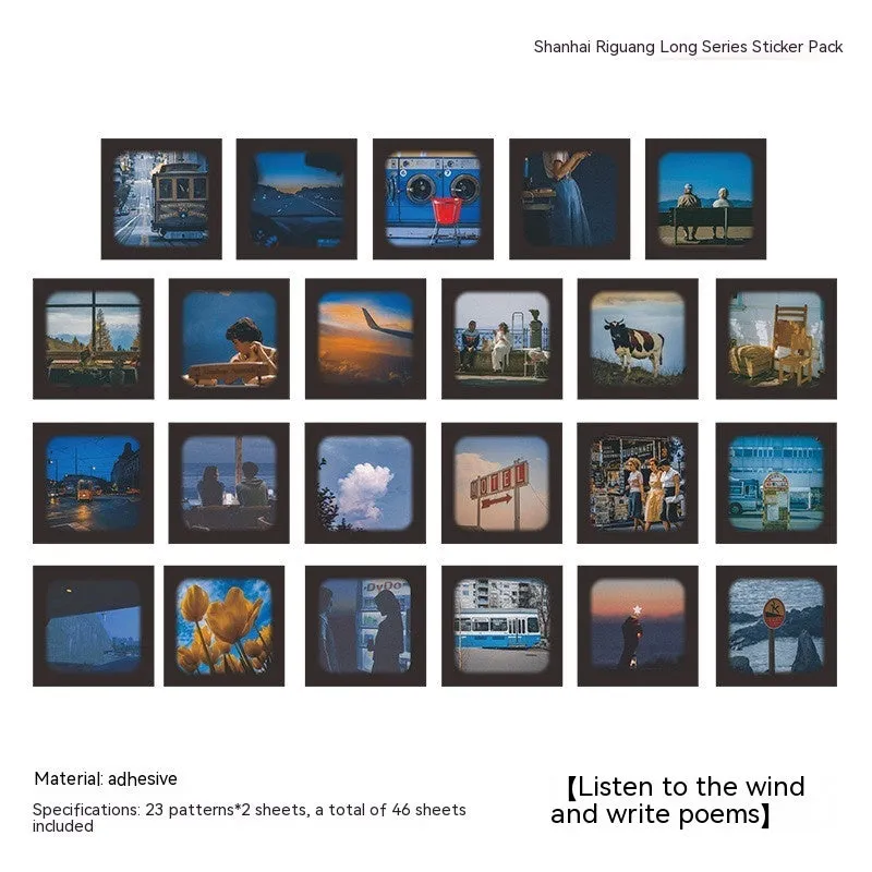 Mountain and Sea Sunshine decorative sticker collection showing six colour variations in 44mm square format