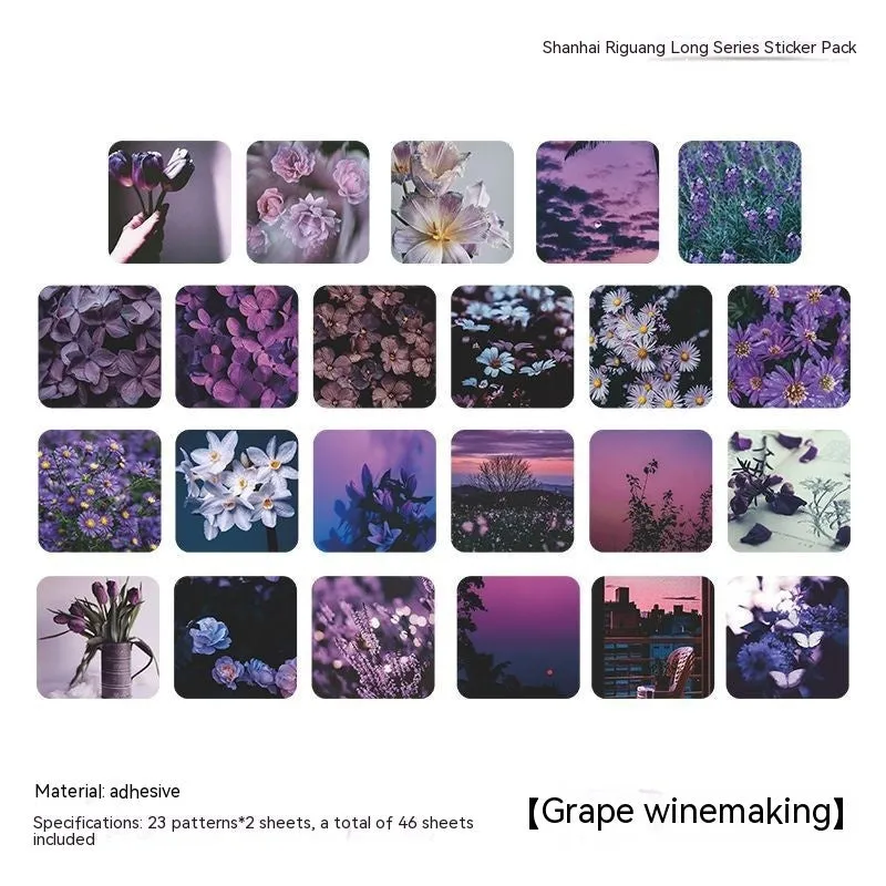 Mountain and Sea Sunshine decorative sticker collection showing six colour variations in 44mm square format