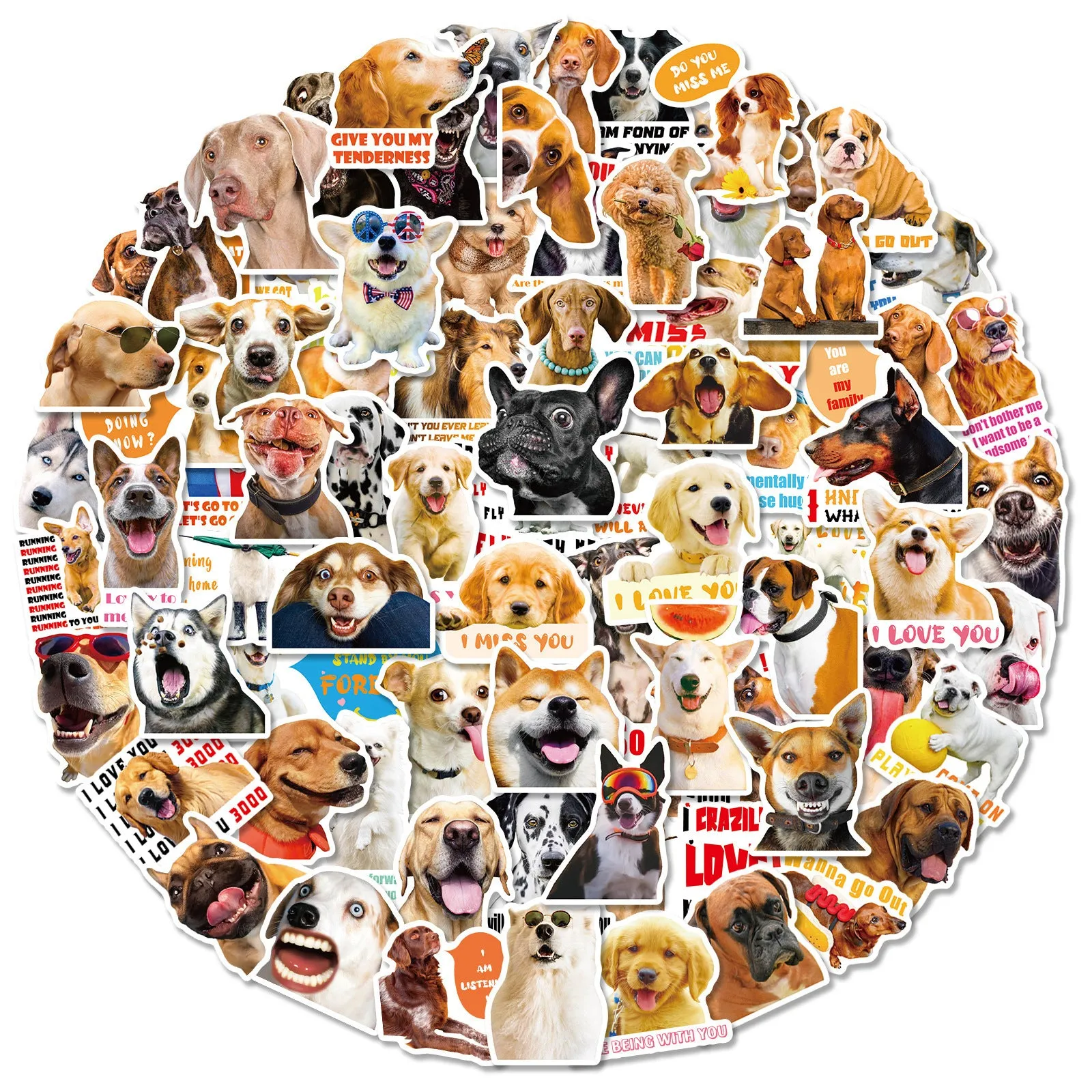 Pack of 100 realistic dog facial expression sticker sheets in Nordic design style.