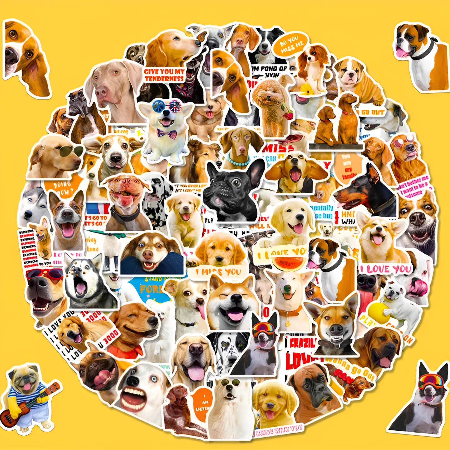 Pack of 100 realistic dog facial expression sticker sheets in Nordic design style.