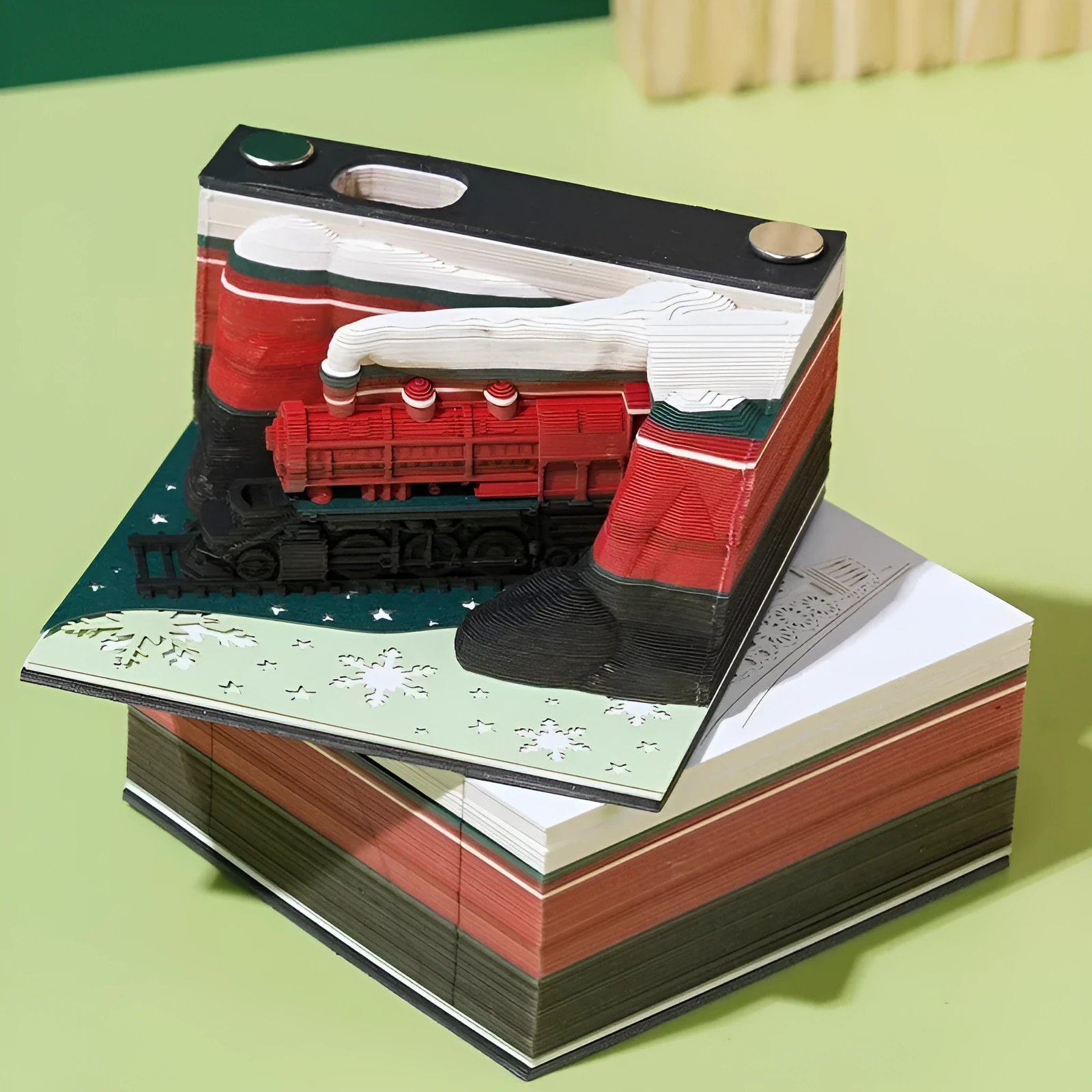 3D paper carving sticky notes with Qingshui Temple design in Christmas train colour
