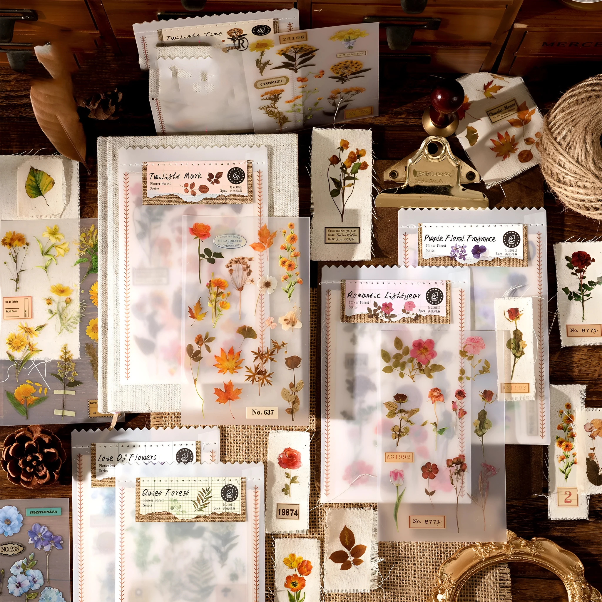 Huazhisen series sticker material pack showing forest-themed designs on cotton linen sheets with transfer paper backing