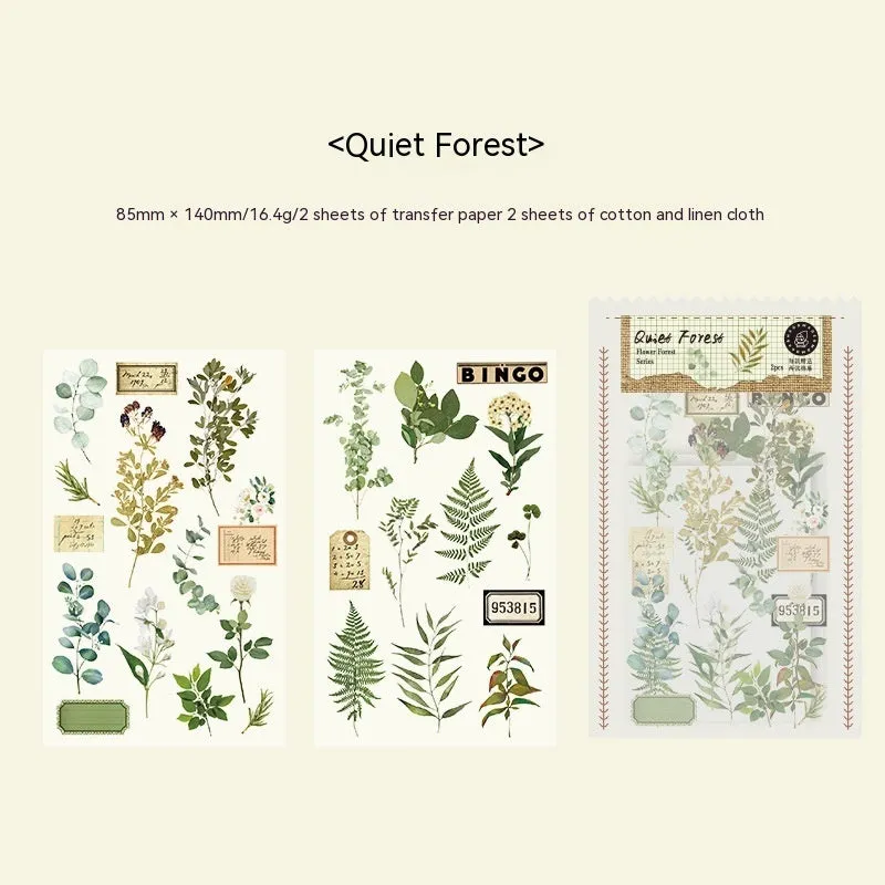 Huazhisen series sticker material pack showing forest-themed designs on cotton linen sheets with transfer paper backing