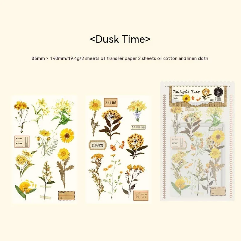 Huazhisen series sticker material pack showing forest-themed designs on cotton linen sheets with transfer paper backing