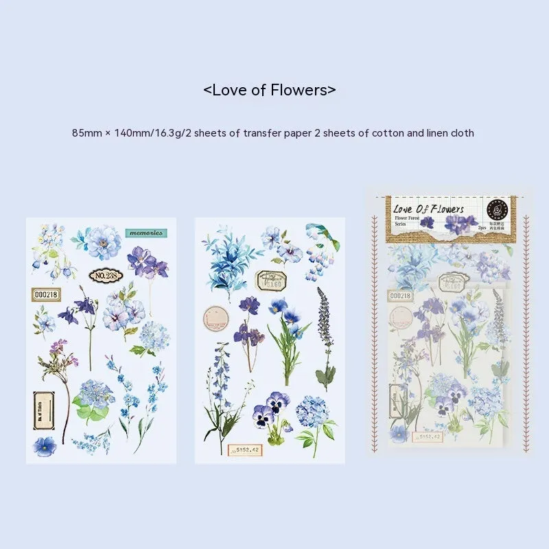 Huazhisen series sticker material pack showing forest-themed designs on cotton linen sheets with transfer paper backing
