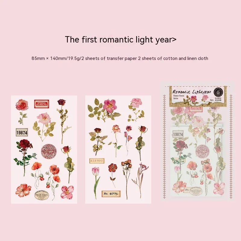 Huazhisen series sticker material pack showing forest-themed designs on cotton linen sheets with transfer paper backing