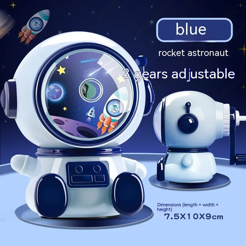 Blue cartoon astronaut manual pencil sharpener with anti-lead feature and adjustable levels