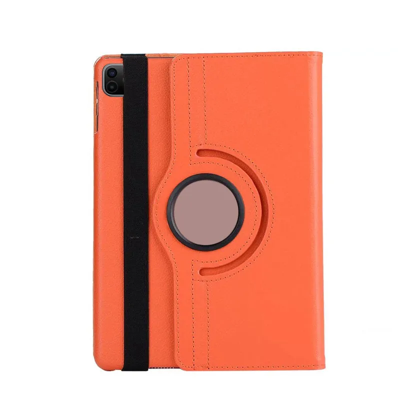 iPad rotating protective sleeve in imitation leather clamshell case showing multiple colour options