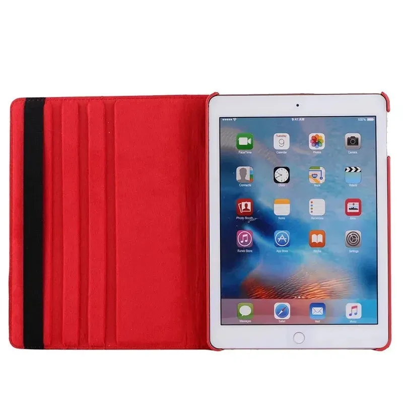 iPad rotating protective sleeve in imitation leather clamshell case showing multiple colour options