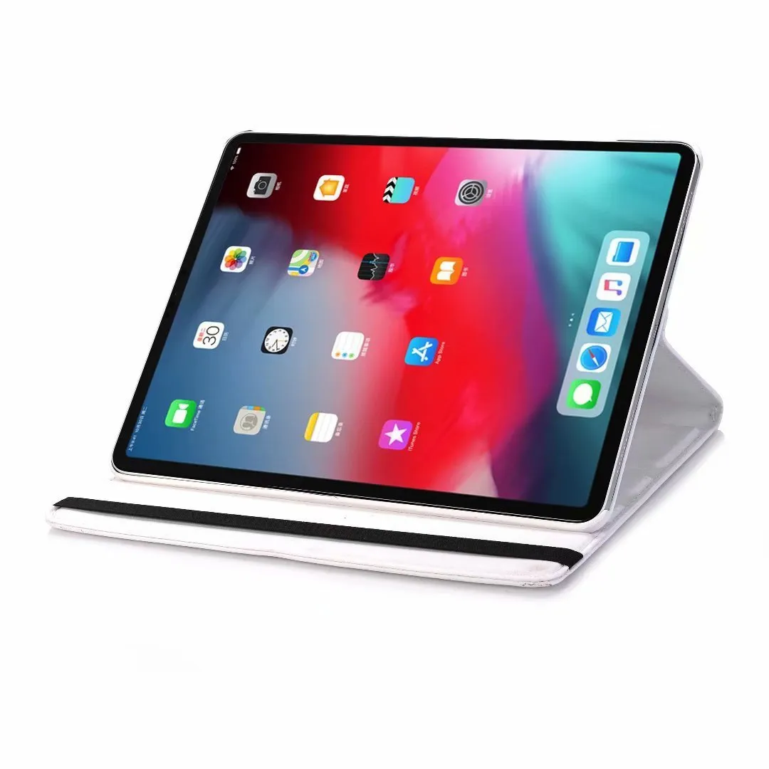 iPad rotating protective sleeve in imitation leather clamshell case showing multiple colour options