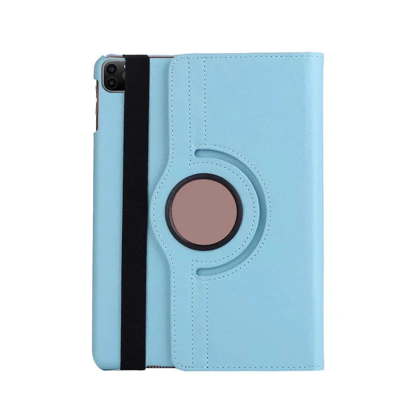 iPad rotating protective sleeve in imitation leather clamshell case showing multiple colour options
