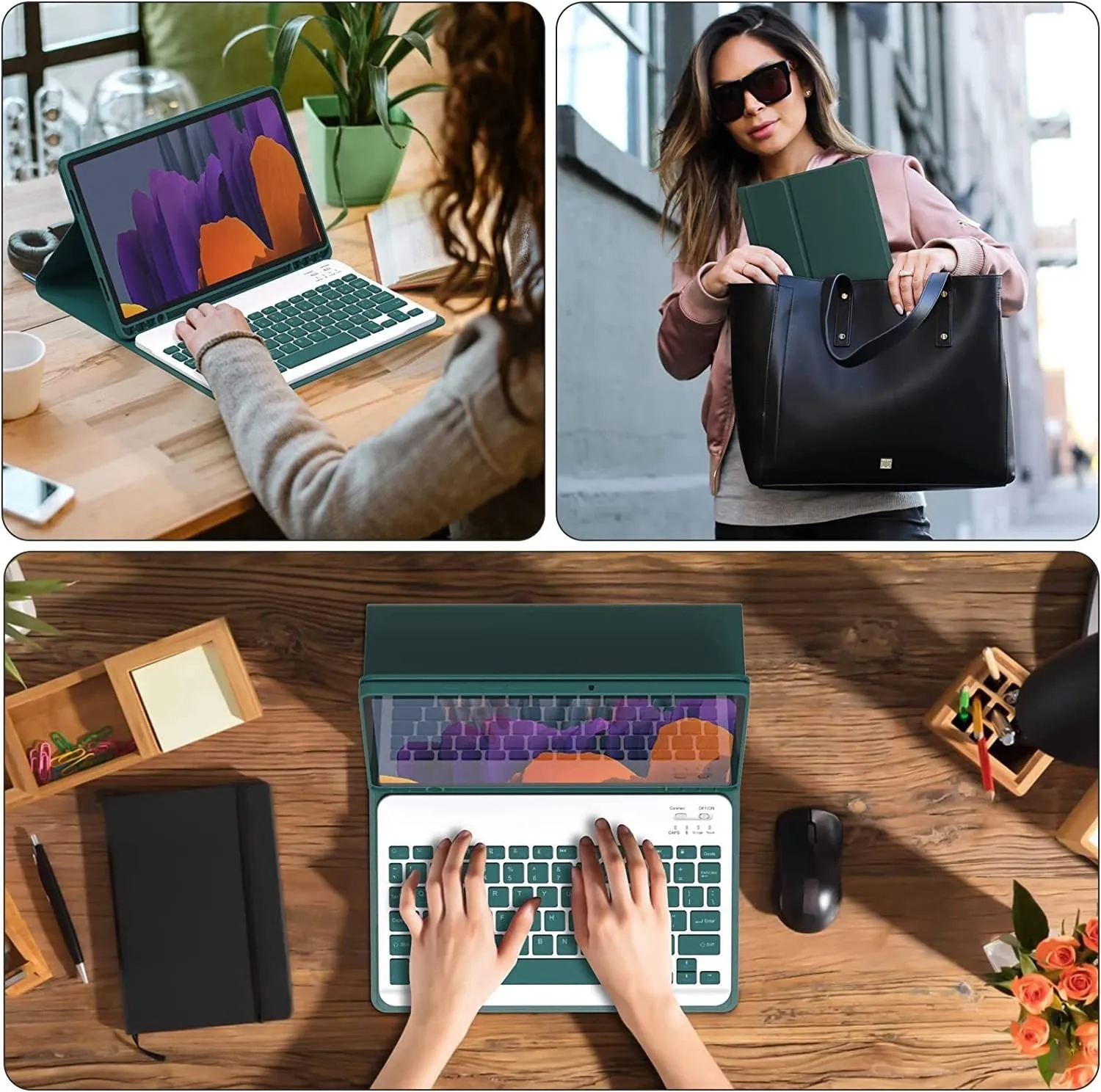 Samsung Galaxy Tab keyboard case set with TPU protective shell, Bluetooth keyboard, and charging mouse in multiple colours