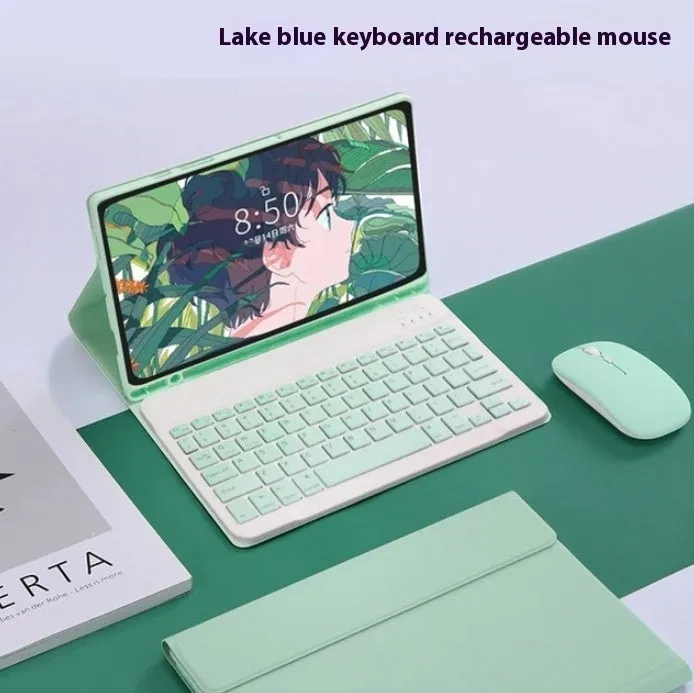 Samsung Galaxy Tab keyboard case set with TPU protective shell, Bluetooth keyboard, and charging mouse in multiple colours
