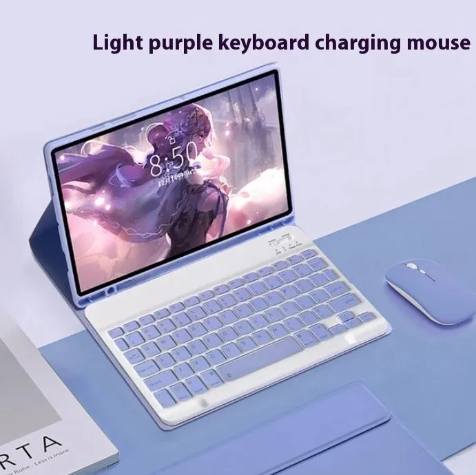 Samsung Galaxy Tab keyboard case set with TPU protective shell, Bluetooth keyboard, and charging mouse in multiple colours