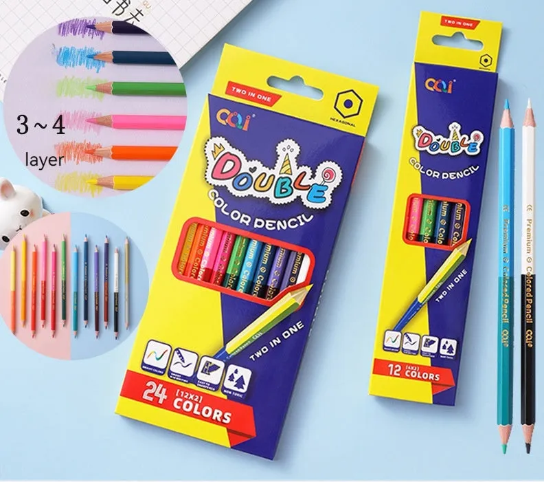 Set of wooden double-headed coloured pencils in 12-piece and 6-piece pack options for art students.
