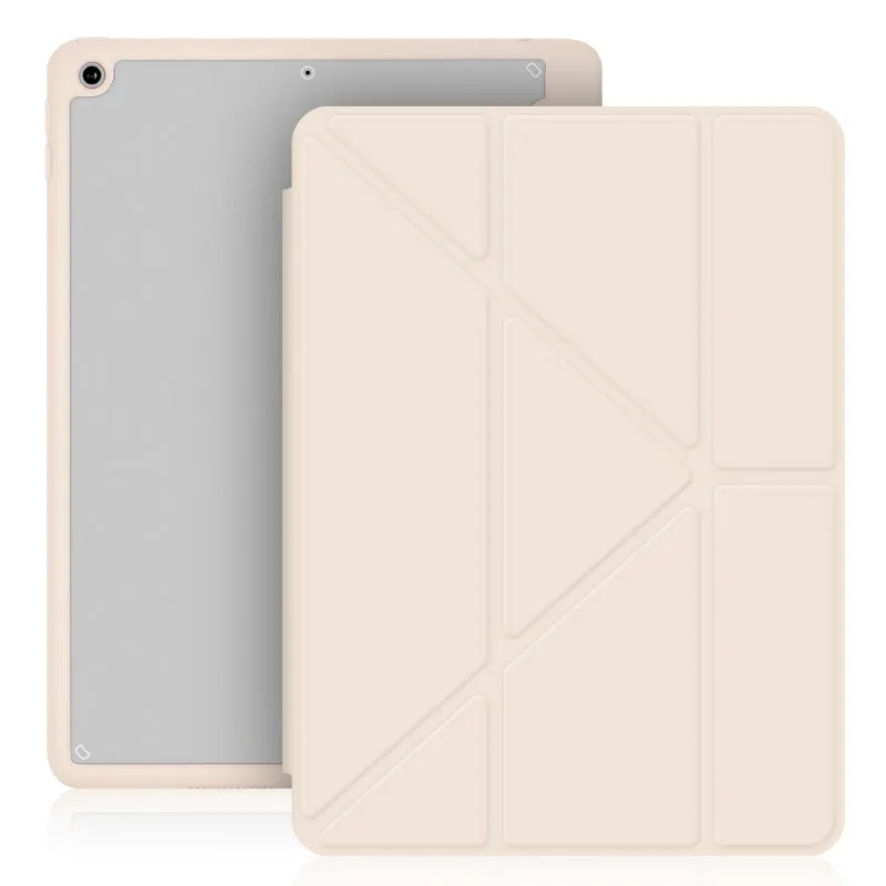 iPad leather case with folding stand open showing Apple Pencil slot and six colour options