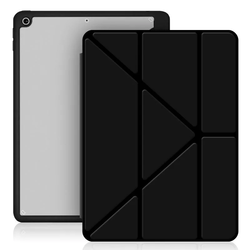 iPad leather case with folding stand open showing Apple Pencil slot and six colour options