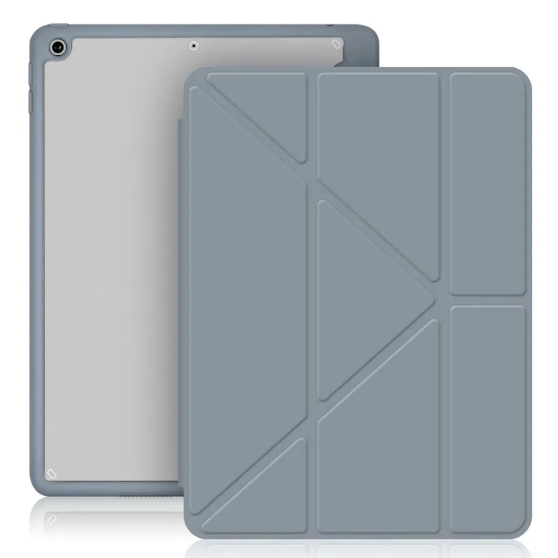 iPad leather case with folding stand open showing Apple Pencil slot and six colour options
