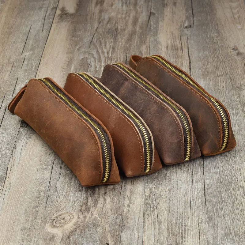 Handmade genuine cowhide leather square pencil case measuring 18cm with zipper closure in solid colour
