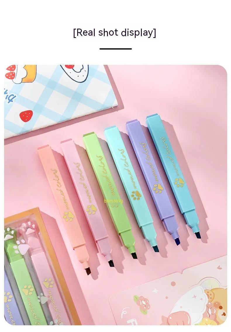 Cat's Paw brand set of six fluorescent marker pens with oblique nibs in a box.