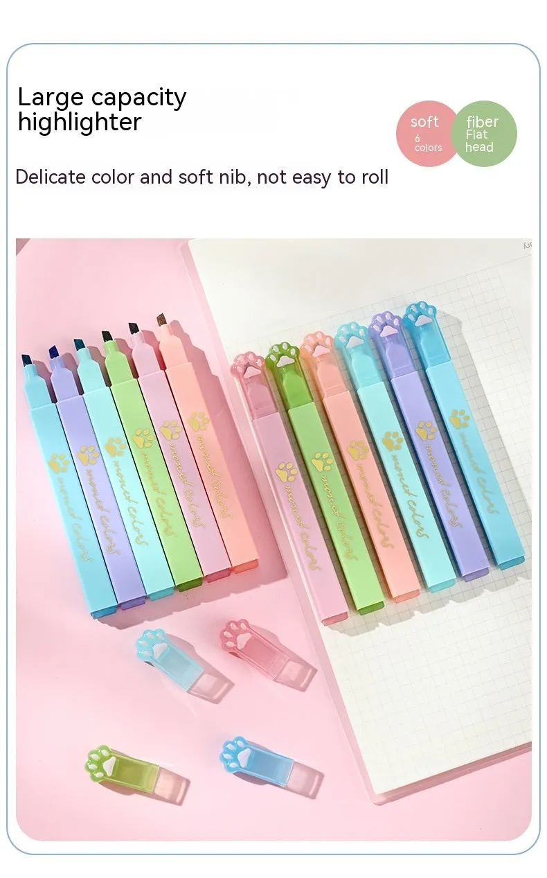 Cat's Paw brand set of six fluorescent marker pens with oblique nibs in a box.