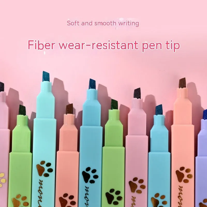 Cat's Paw brand set of six fluorescent marker pens with oblique nibs in a box.