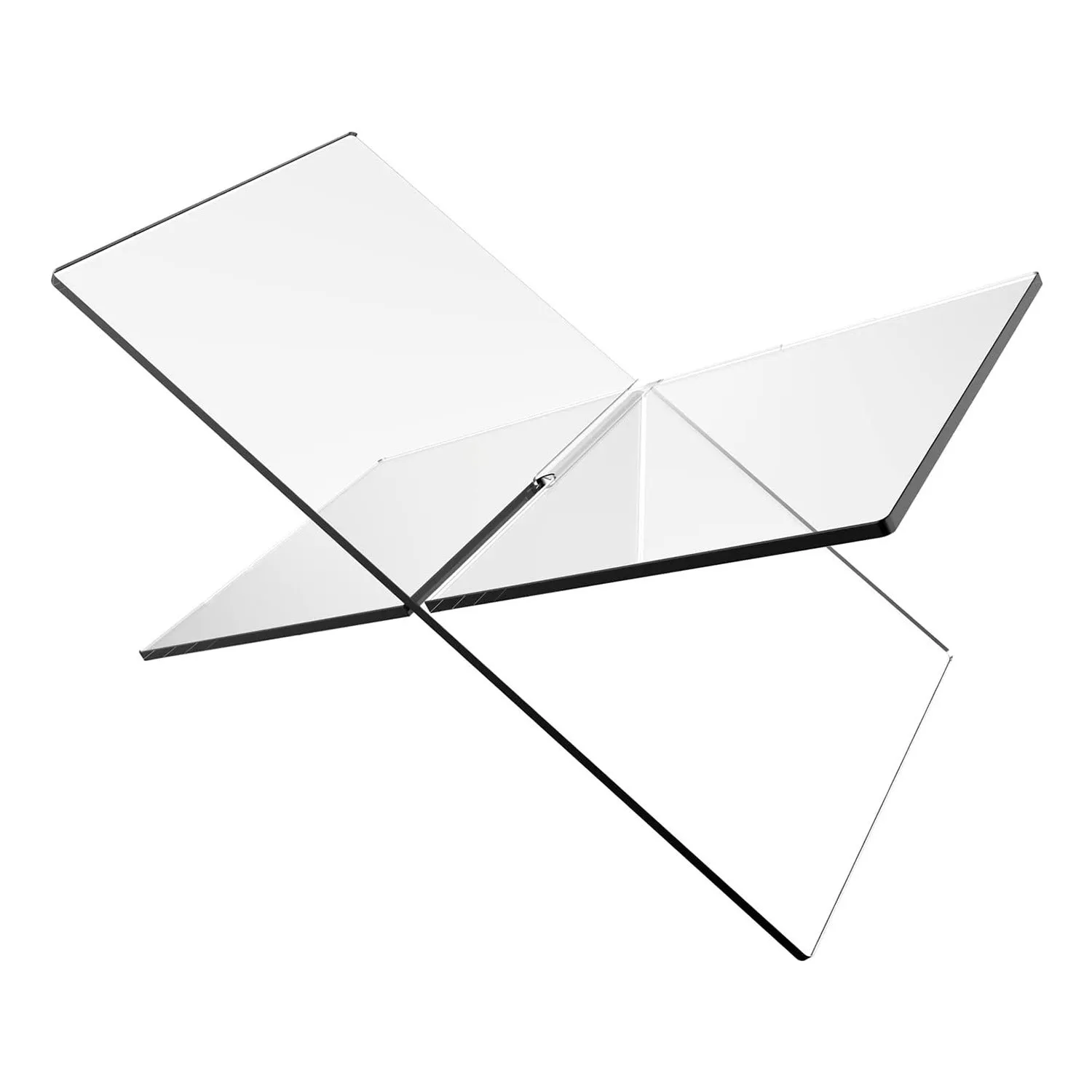 Clear acrylic X-shaped book display shelf holding reading materials on desktop