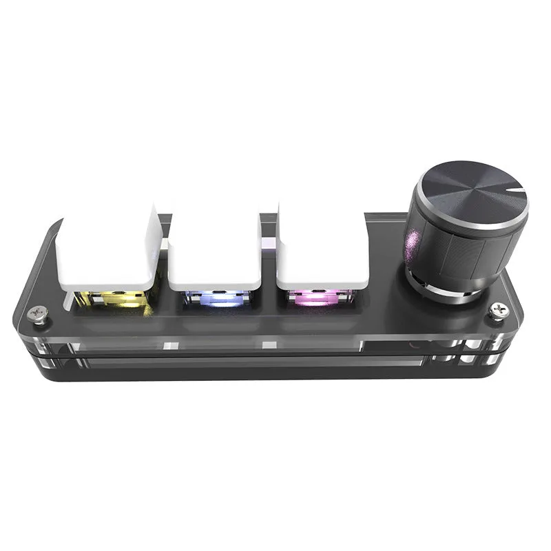Black and white custom USB macro keyboard with RGB backlighting on a desk