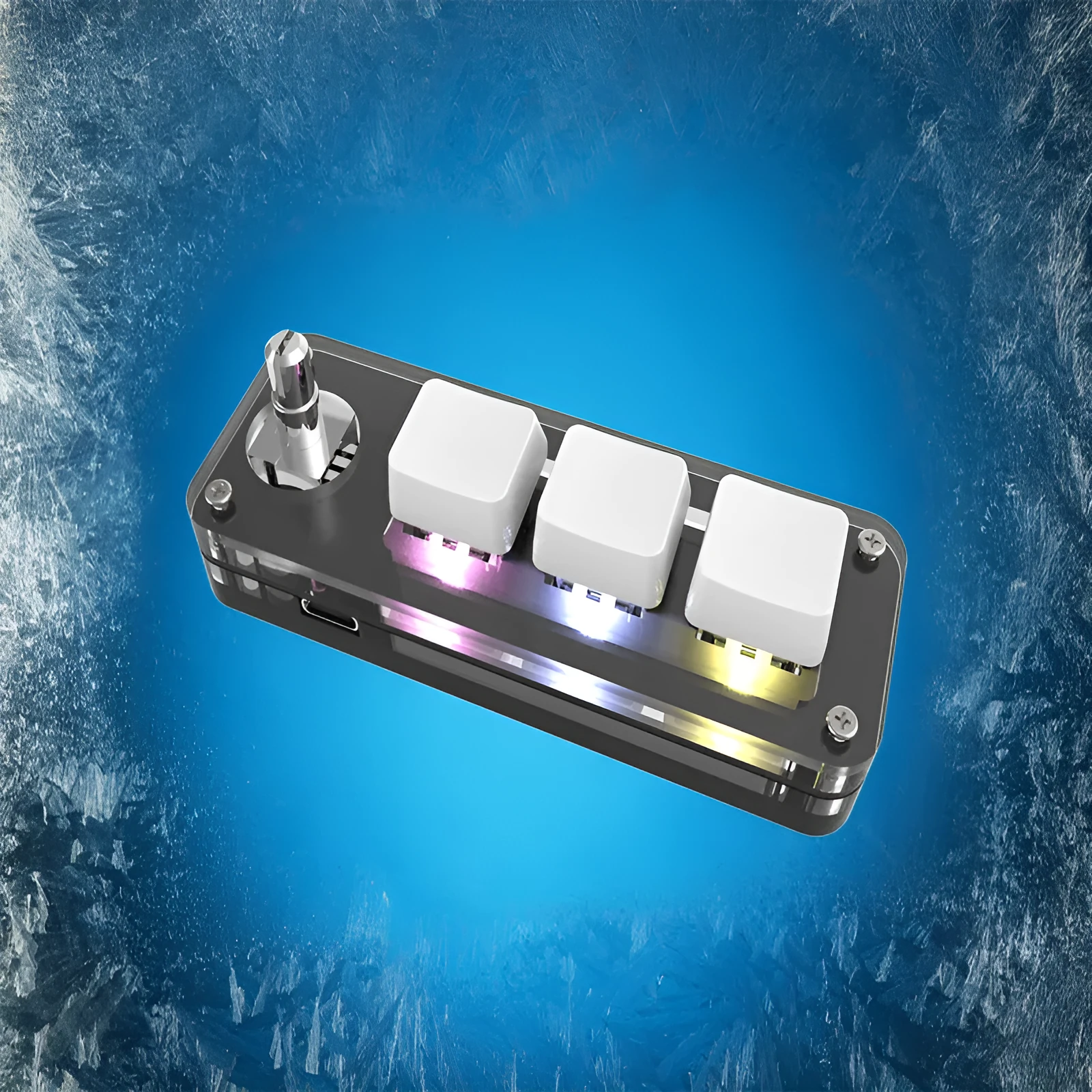 Black and white custom USB macro keyboard with RGB backlighting on a desk
