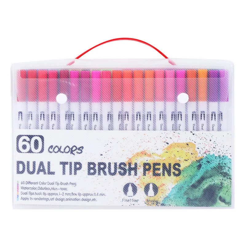 Set of watercolour brush pens in multiple colours with brush tips, arranged in a case.