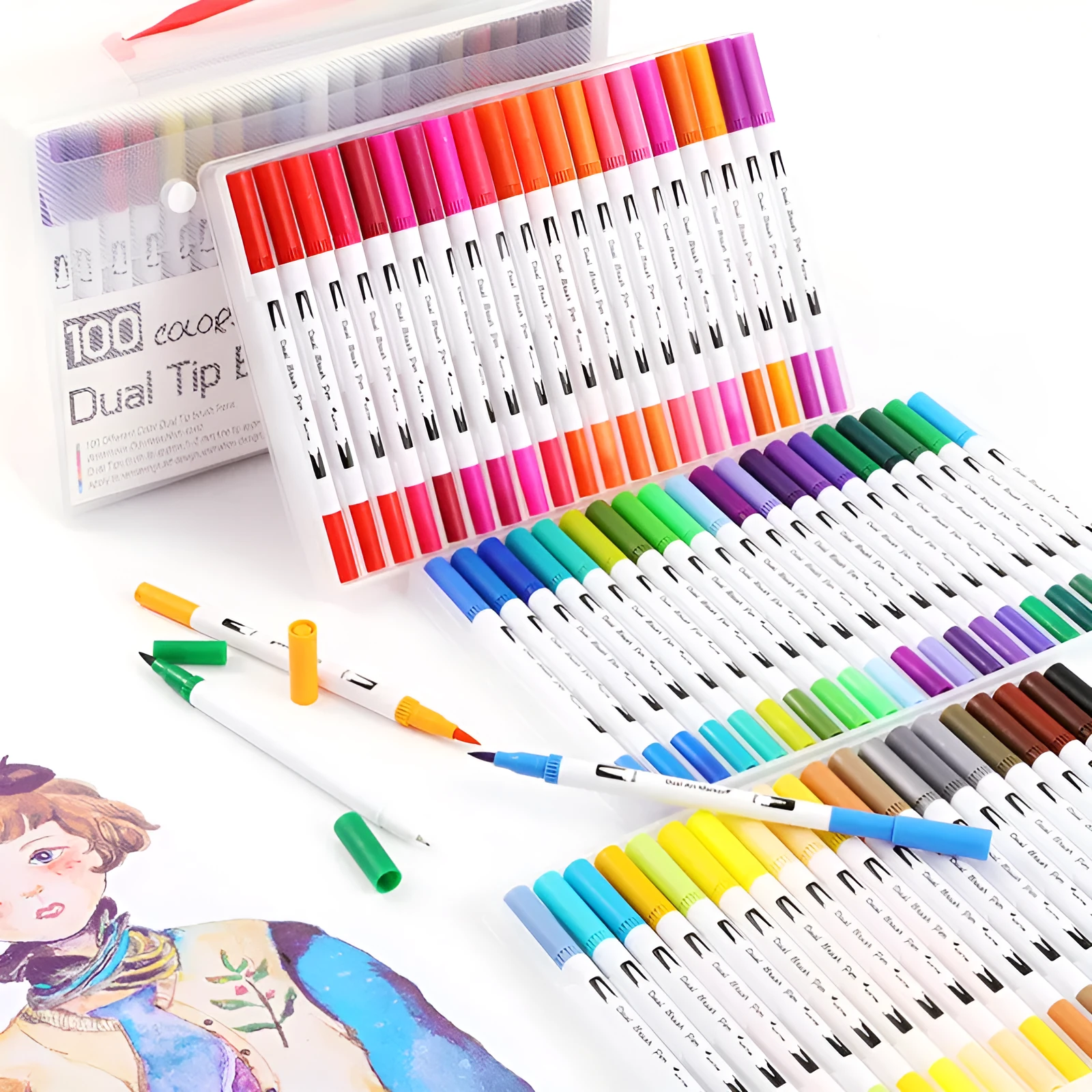 Set of watercolour brush pens in multiple colours with brush tips, arranged in a case.