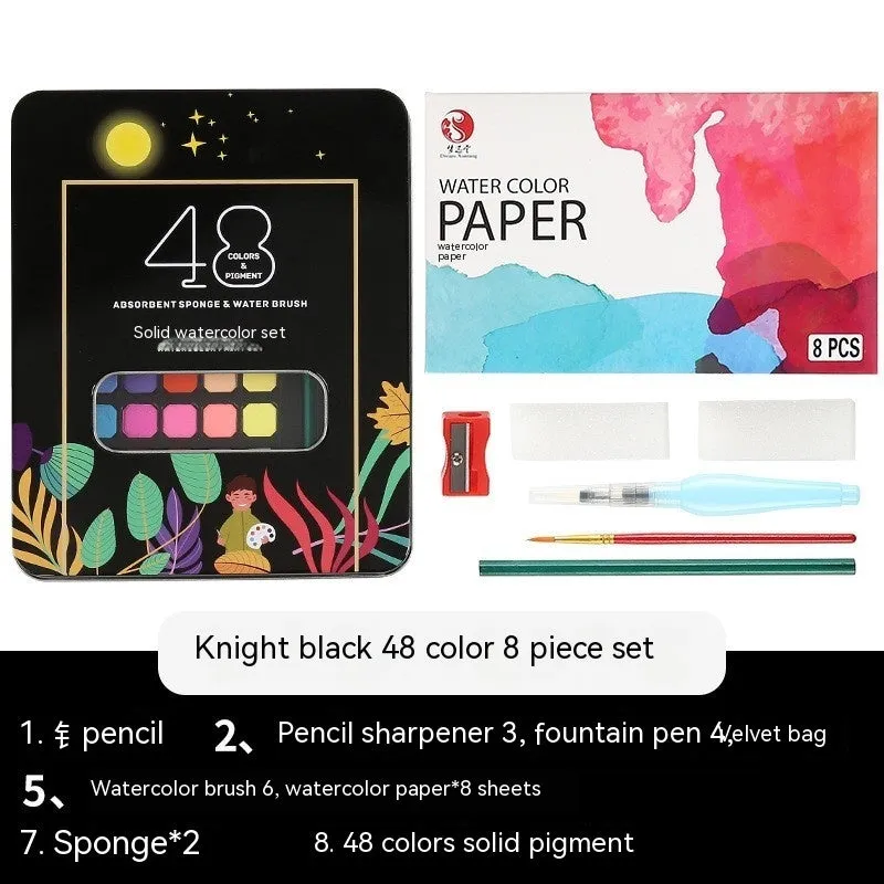 Box containing 48 solid watercolour paint cakes in various colours including black, pink, and blue.