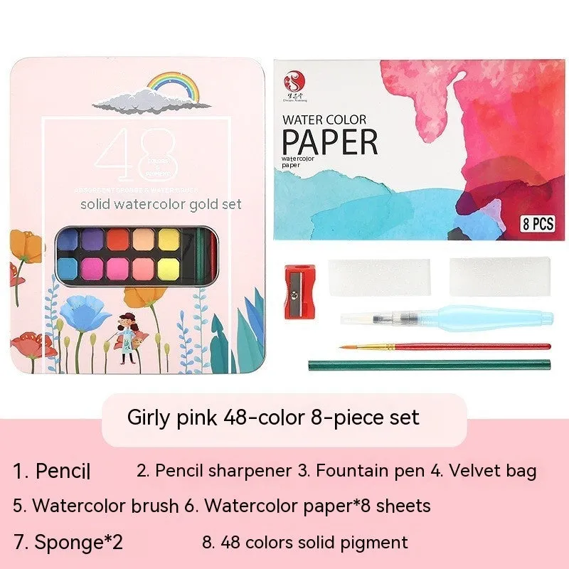 Box containing 48 solid watercolour paint cakes in various colours including black, pink, and blue.