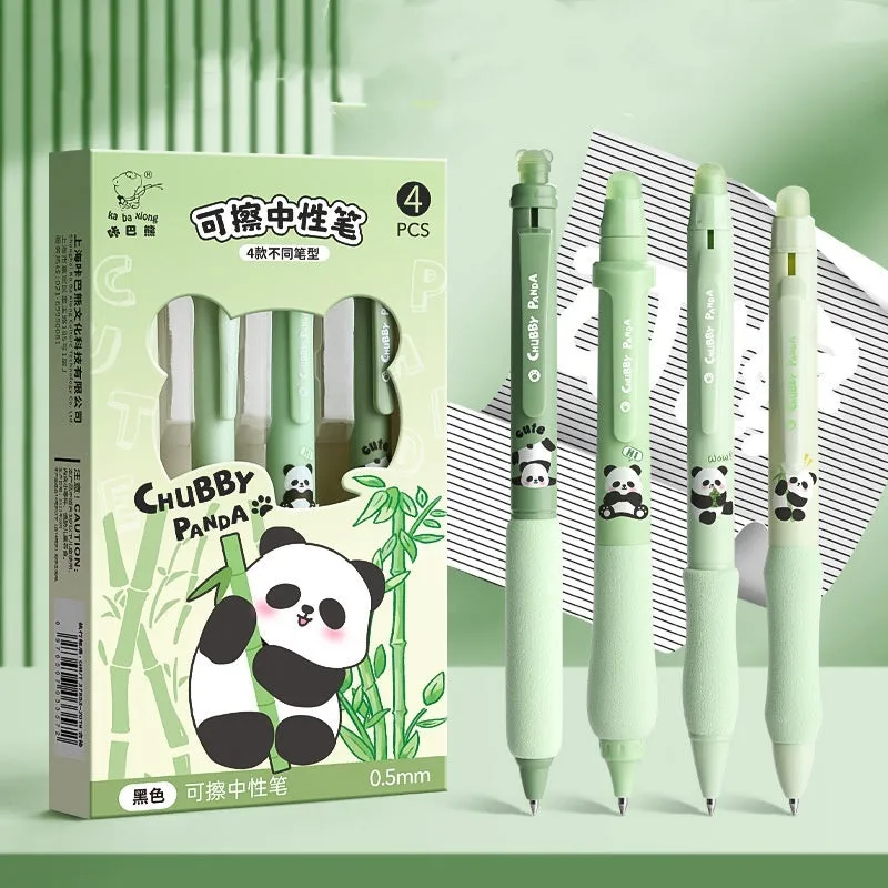 Erasable cartoon-themed gel pen with press button and 0.5mm tip in black and blue options.
