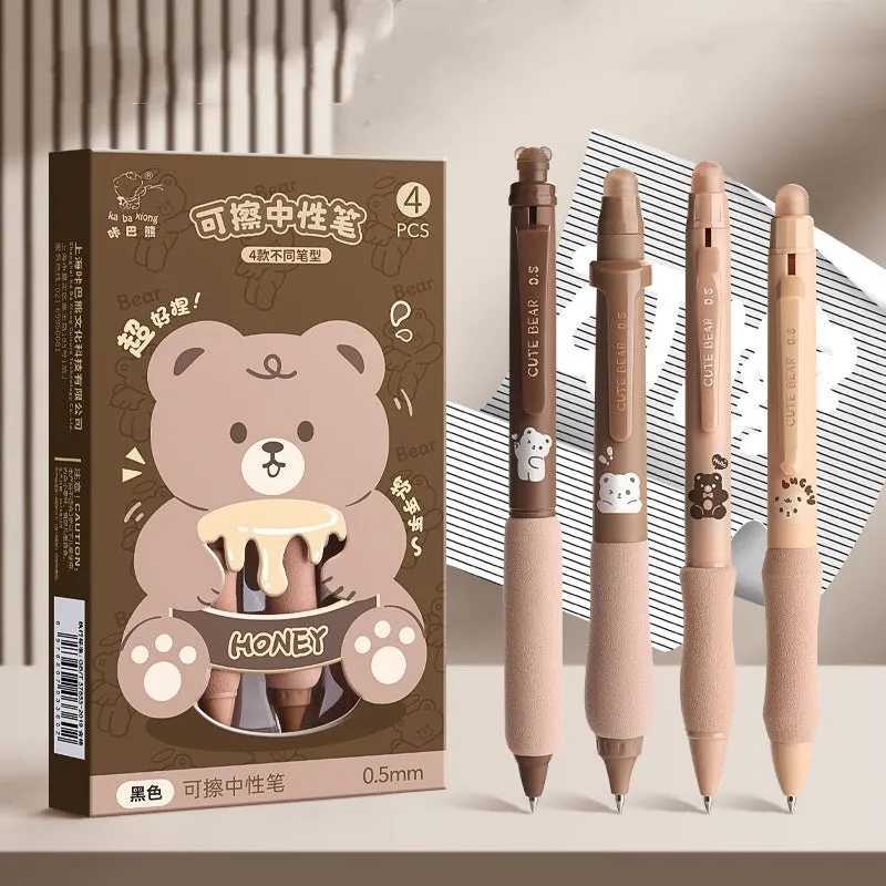 Erasable cartoon-themed gel pen with press button and 0.5mm tip in black and blue options.