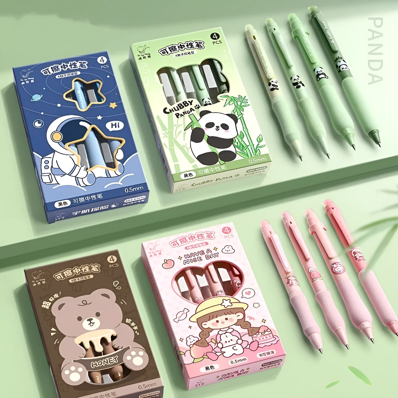 Erasable cartoon-themed gel pen with press button and 0.5mm tip in black and blue options.