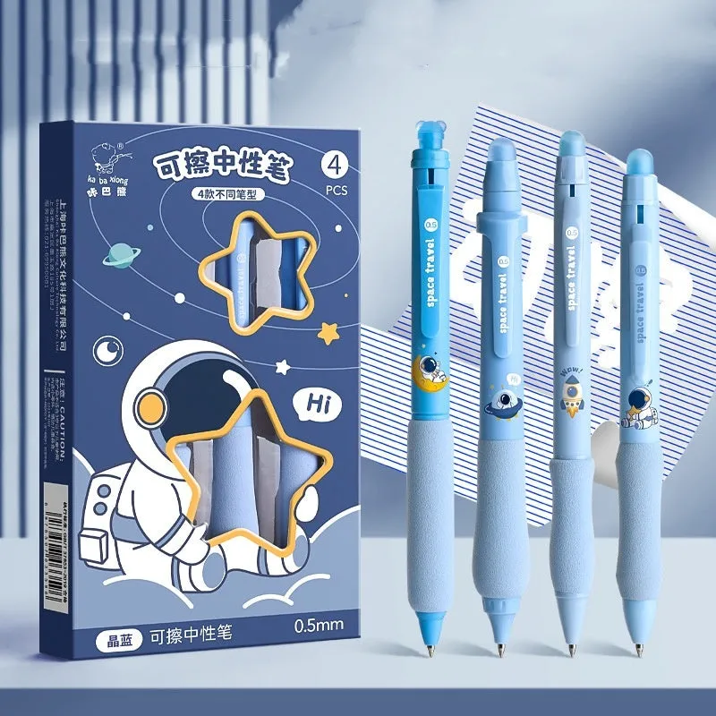 Erasable cartoon-themed gel pen with press button and 0.5mm tip in black and blue options.