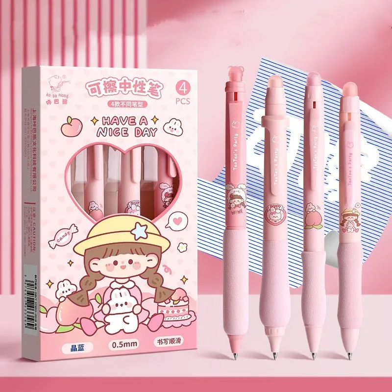 Erasable cartoon-themed gel pen with press button and 0.5mm tip in black and blue options.