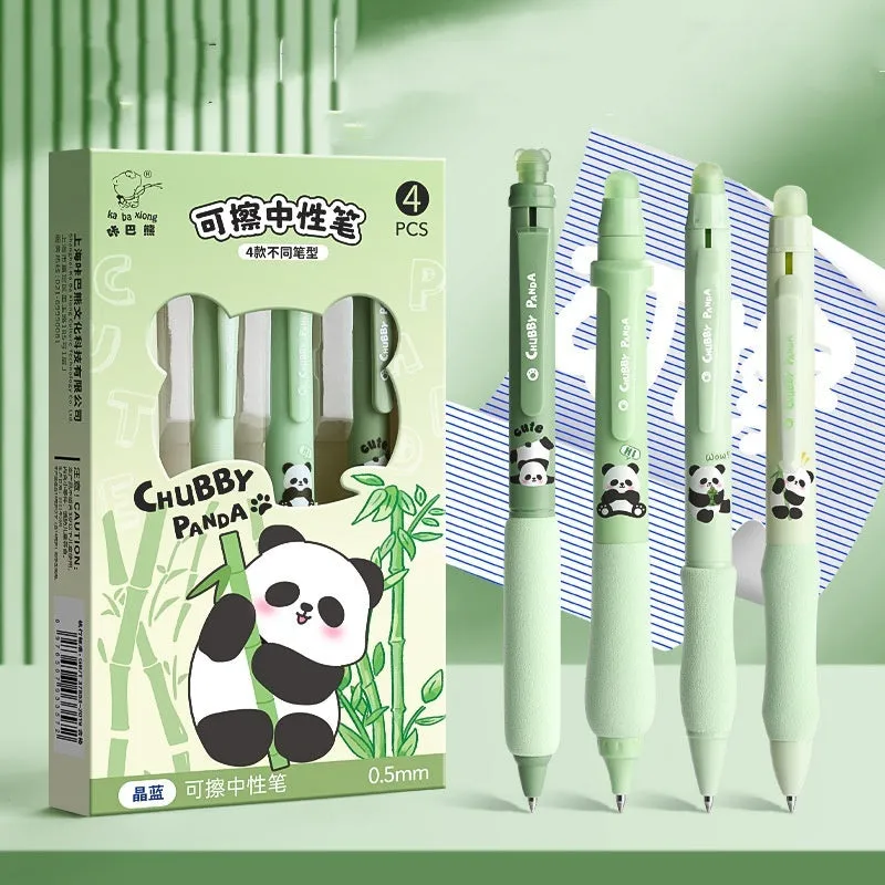 Erasable cartoon-themed gel pen with press button and 0.5mm tip in black and blue options.