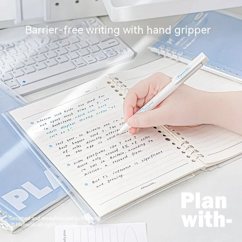 Blue and white A5 PVC notebook storage can for loose spiral papers, showing dimensions 148mm x 210mm.