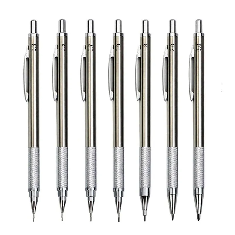 Metal automatic mechanical pencil showing six compatible lead sizes from 0.3mm to 2.0mm