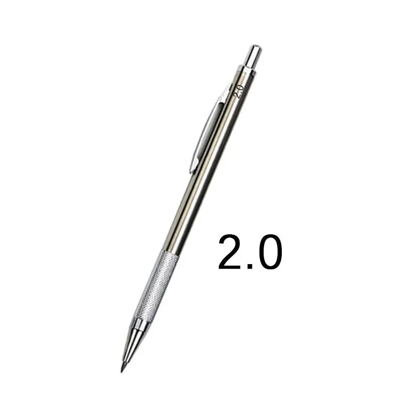 Metal automatic mechanical pencil showing six compatible lead sizes from 0.3mm to 2.0mm